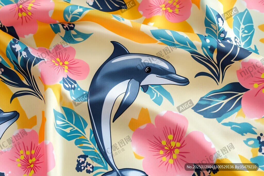 海豚花卉印花布料圖案