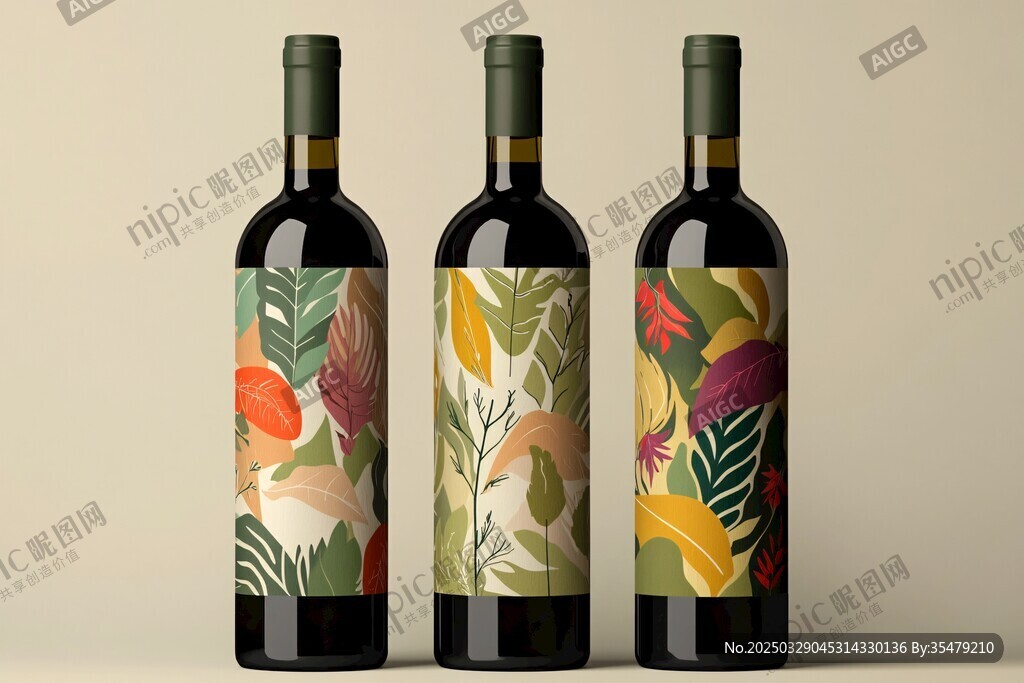 三瓶特色植物圖案葡萄酒瓶
