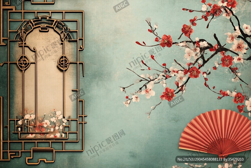 中式古風窗景與花卉折扇