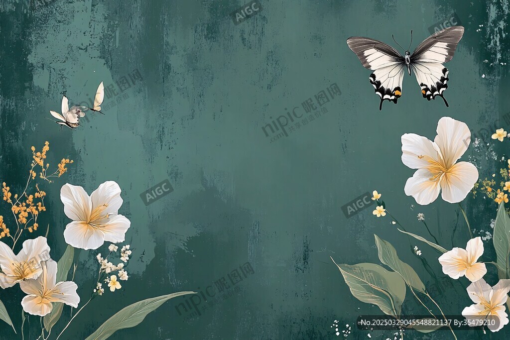 綠底花卉蝴蝶唯美插畫