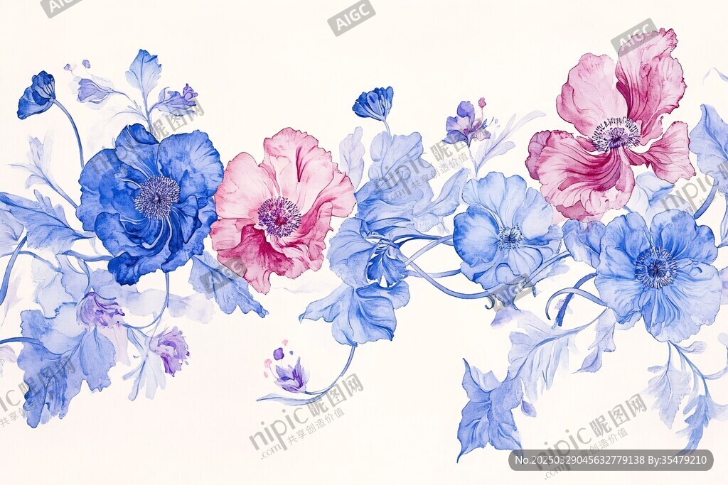 藍粉花卉水彩邊框圖案
