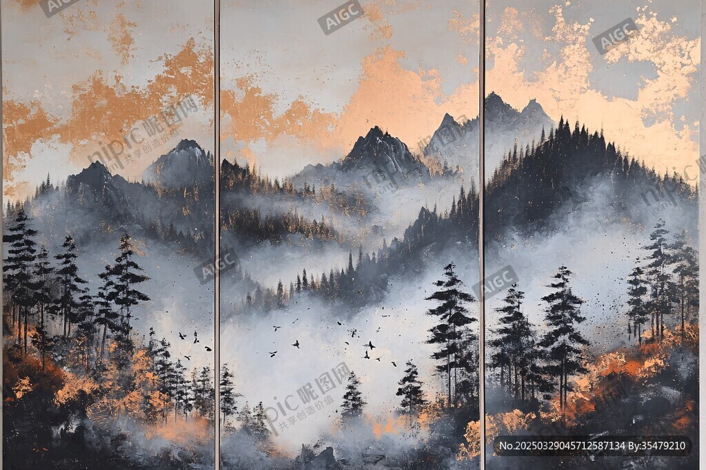 秋日山林山水意境畫作