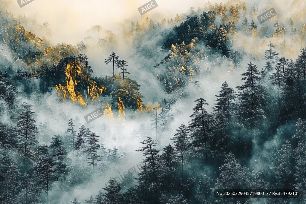 云霧繚繞的山林美景