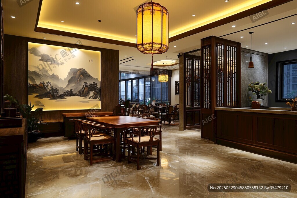 中式雅致餐廳室內裝飾場景