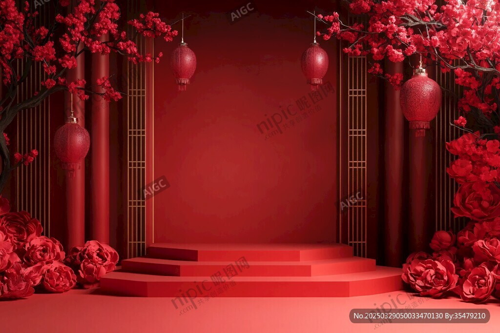 中式紅韻舞臺場景布置
