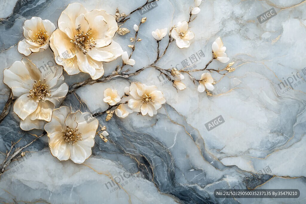玉石上綻放的唯美花卉