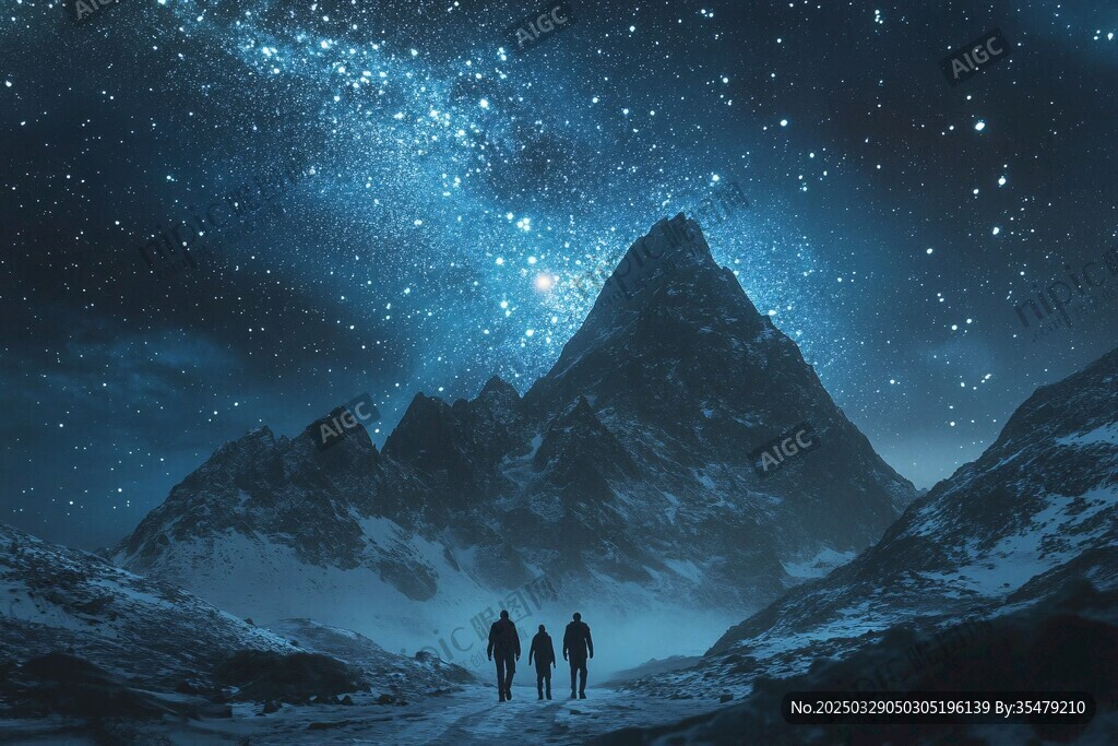 三人漫步于星空下雪山間