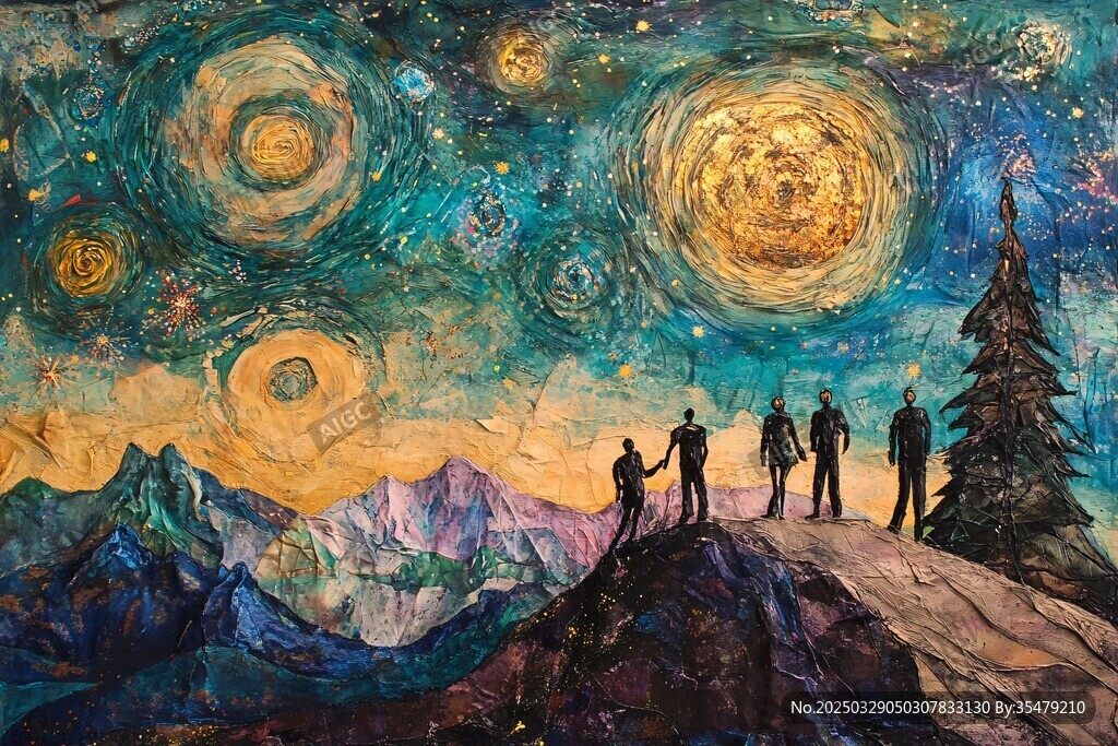 星空下的山頂人群剪影