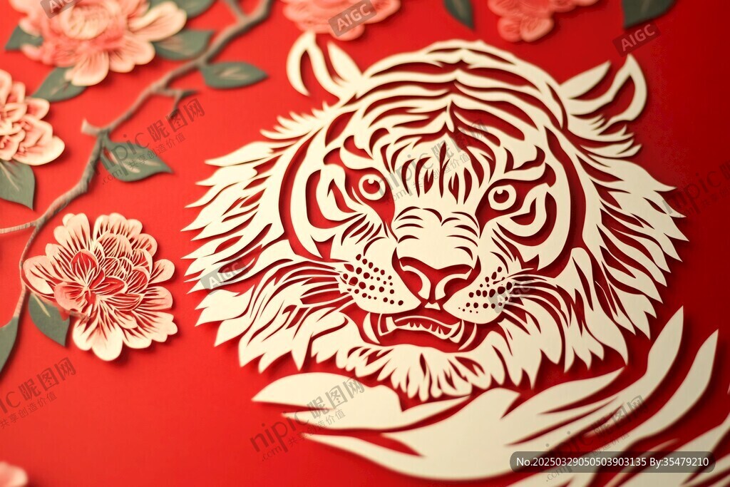 虎躍繁花剪紙藝術(shù)作品