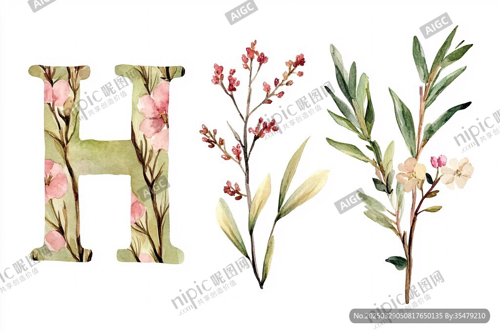 花卉字母H水彩插畫素材