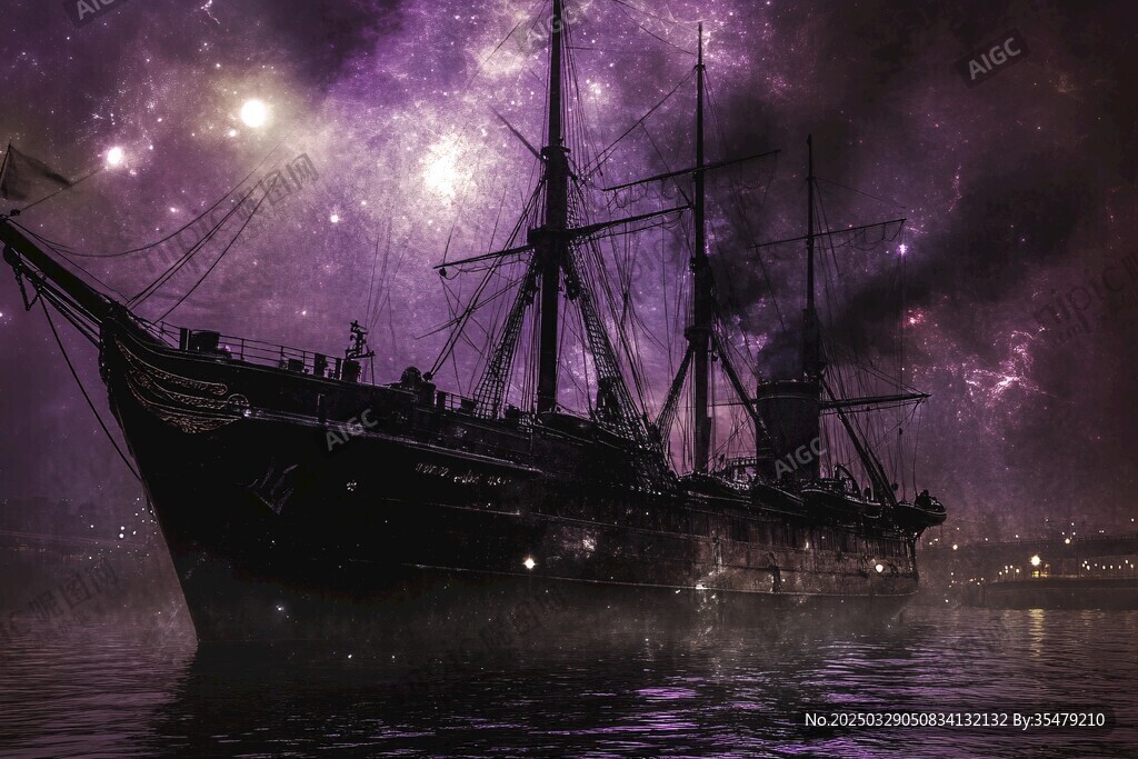 夢幻星空下的古老帆船