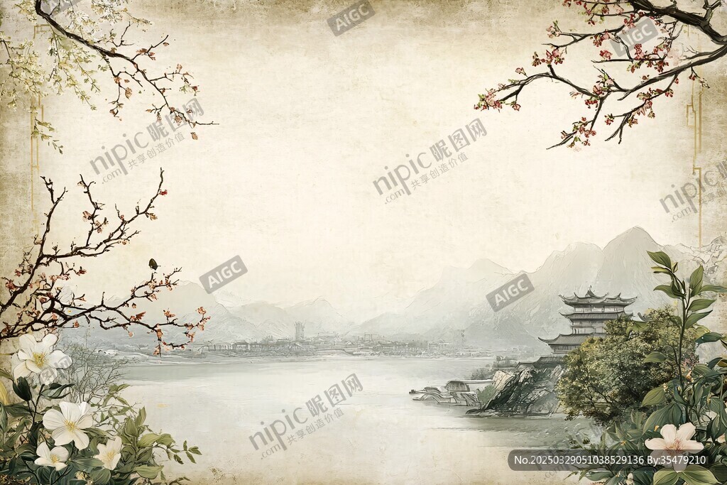 古風山水花卉意境背景圖