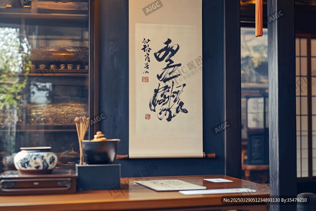 中式茶室雅致書法裝飾