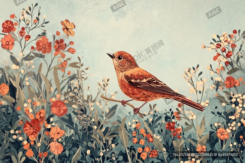 枝頭小鳥棲于繁花之中