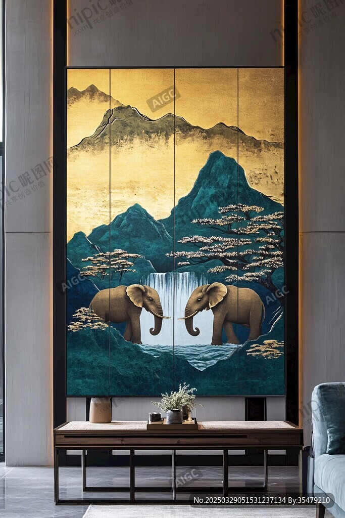 中式客廳的山水大象掛畫