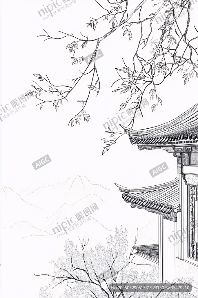 中式樓閣與枝頭景致