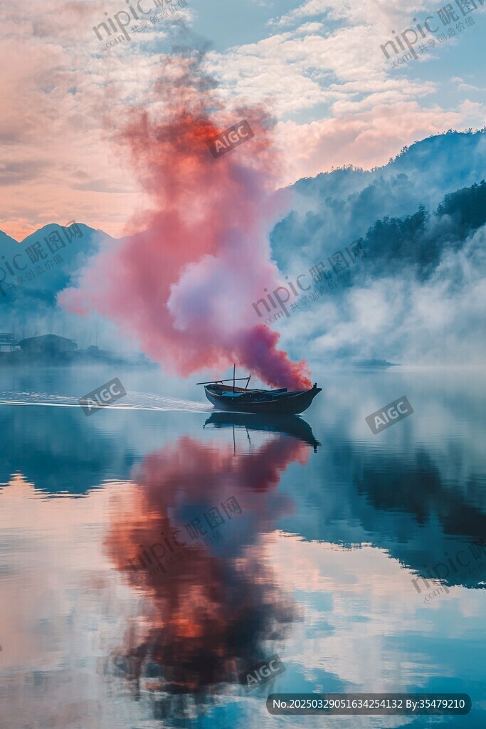 湖面上小船噴涌出絢麗彩煙