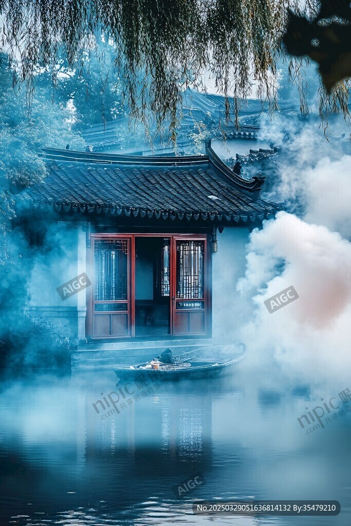 江南水鄉云霧中的古宅