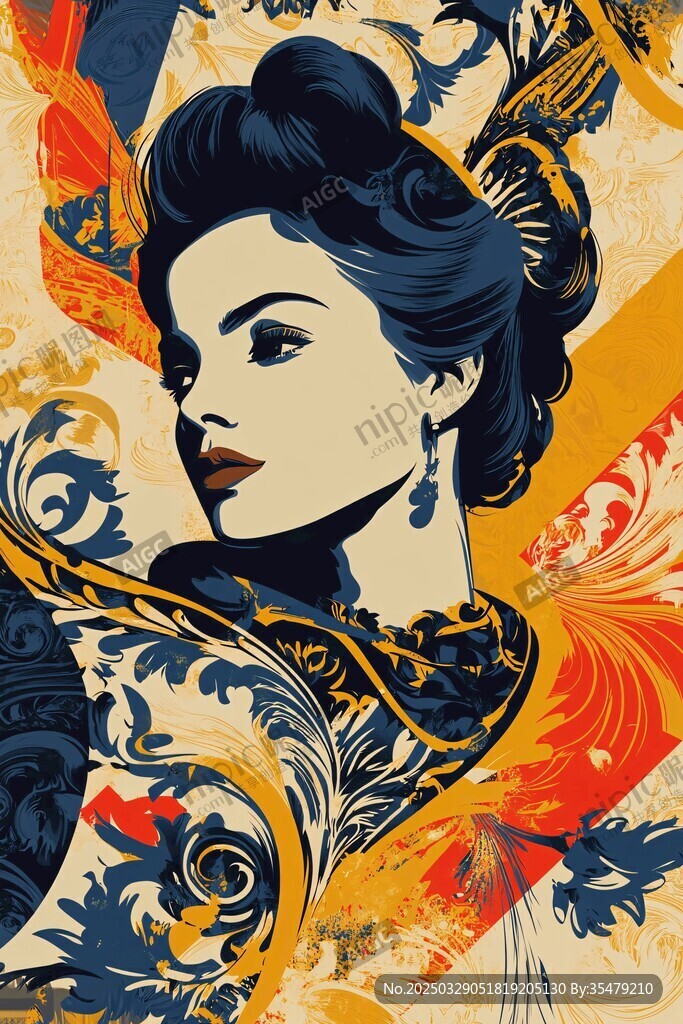 復(fù)古風(fēng)格女性與華麗花紋