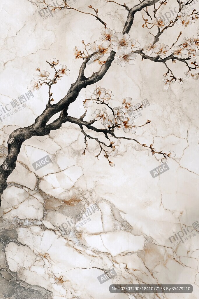 水墨大理石上的雅致花枝