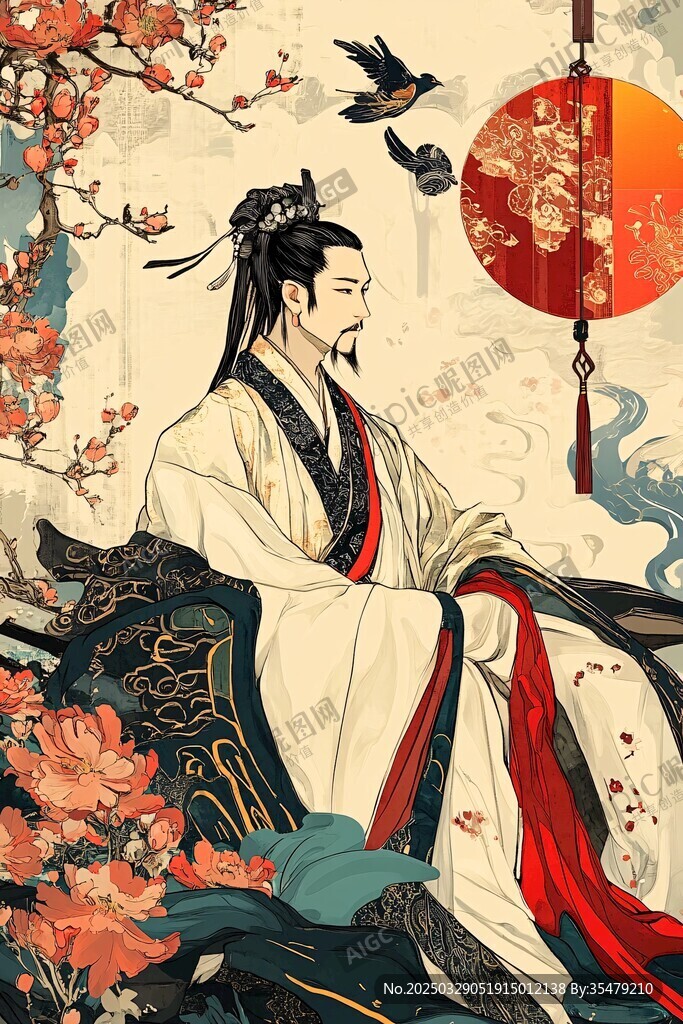 古風(fēng)美男坐于繁花飛鳥間