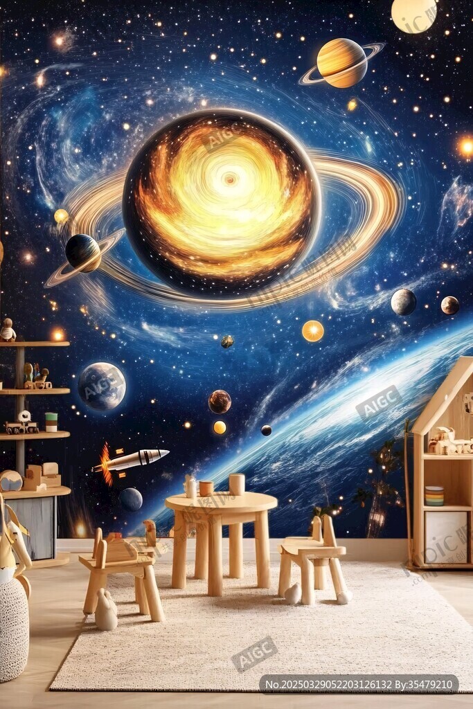 夢幻宇宙主題兒童房背景墻