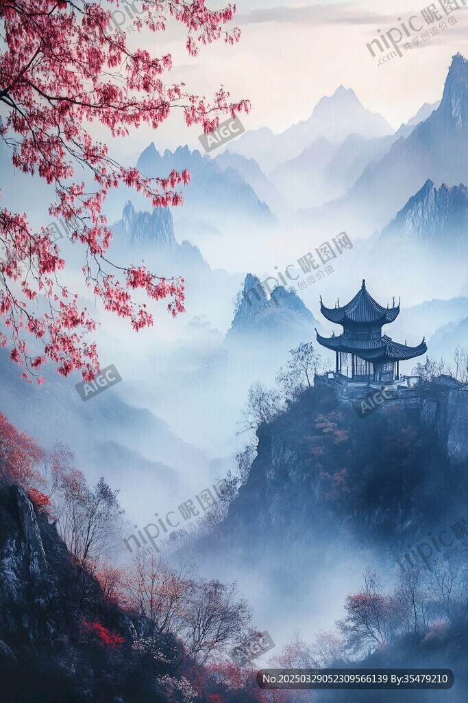 水墨山間亭 花綻云霧間