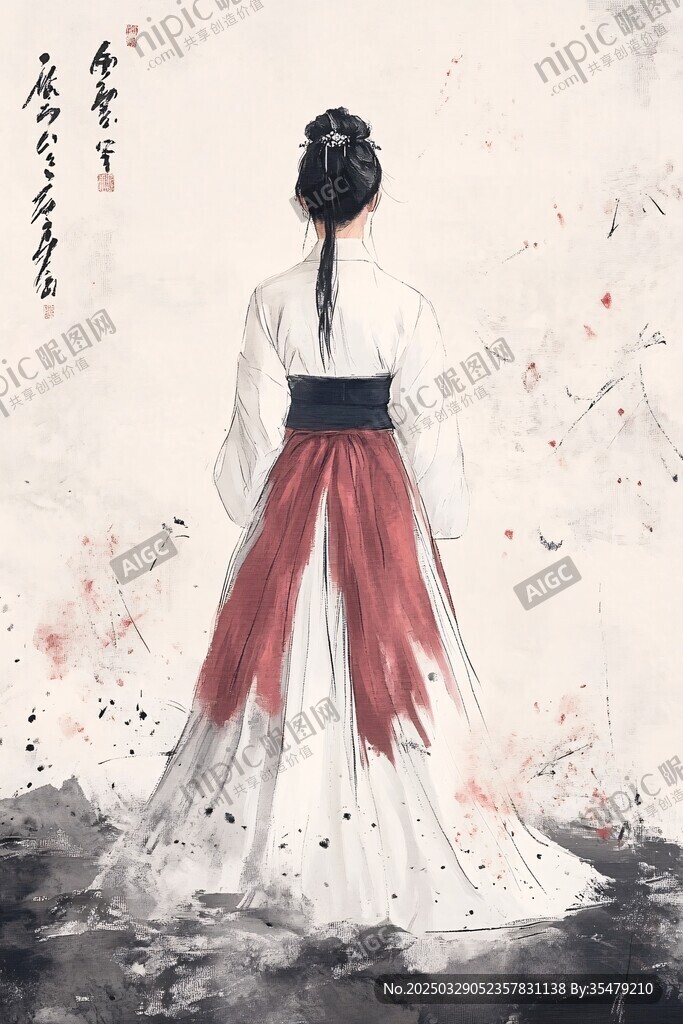 白衣紅裳古風(fēng)女子背影