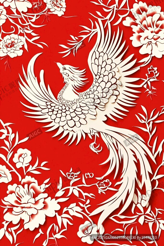 鳳凰戲牡丹剪紙藝術圖
