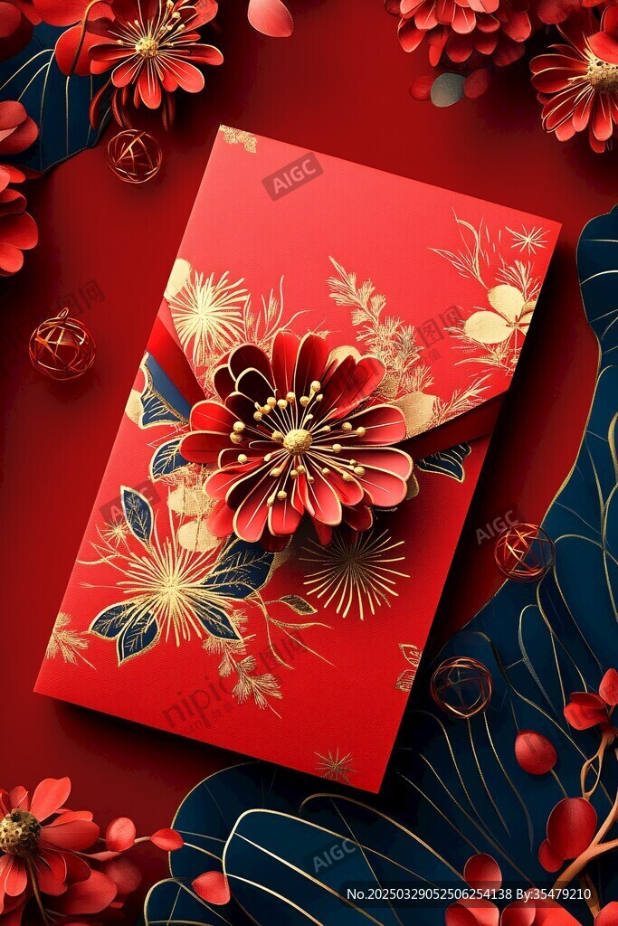 中式喜慶紅包與花卉裝飾