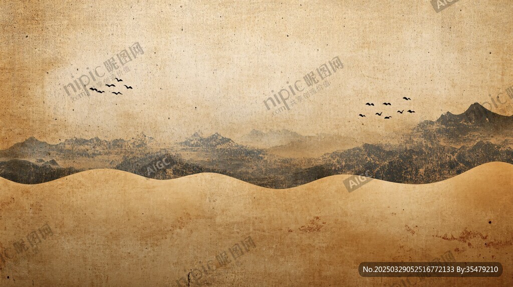 復古風沙漠山巒飛鳥景象