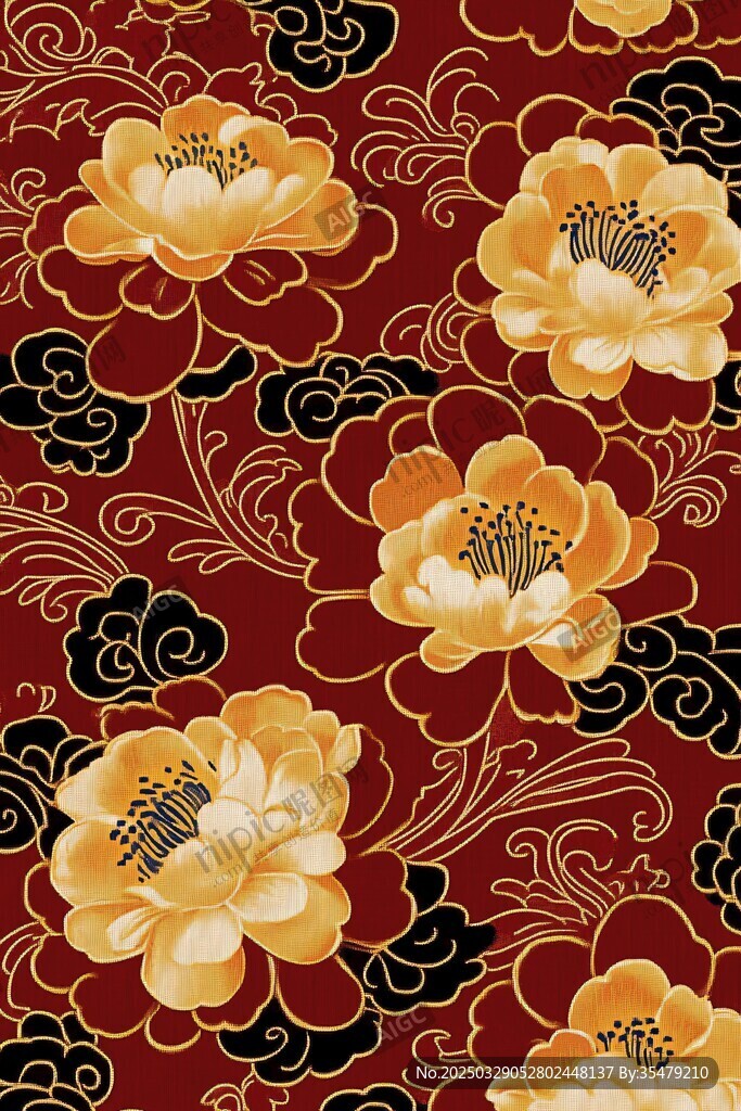 中式牡丹花紋樣華麗圖案