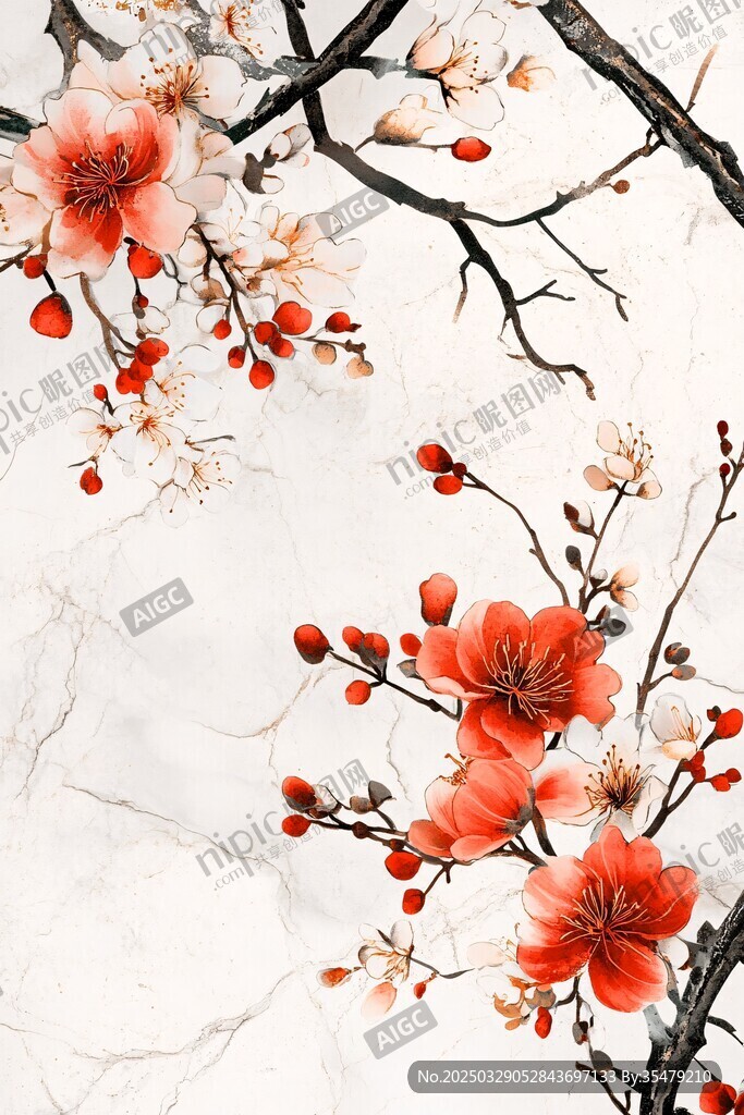 紅梅綻放于水墨大理石間