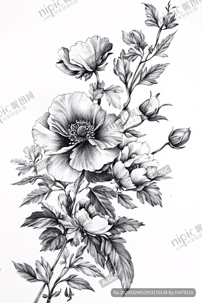 黑白花卉手繪插畫