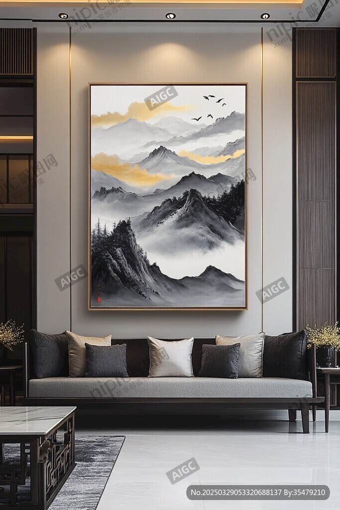 中式客廳中的山水掛畫