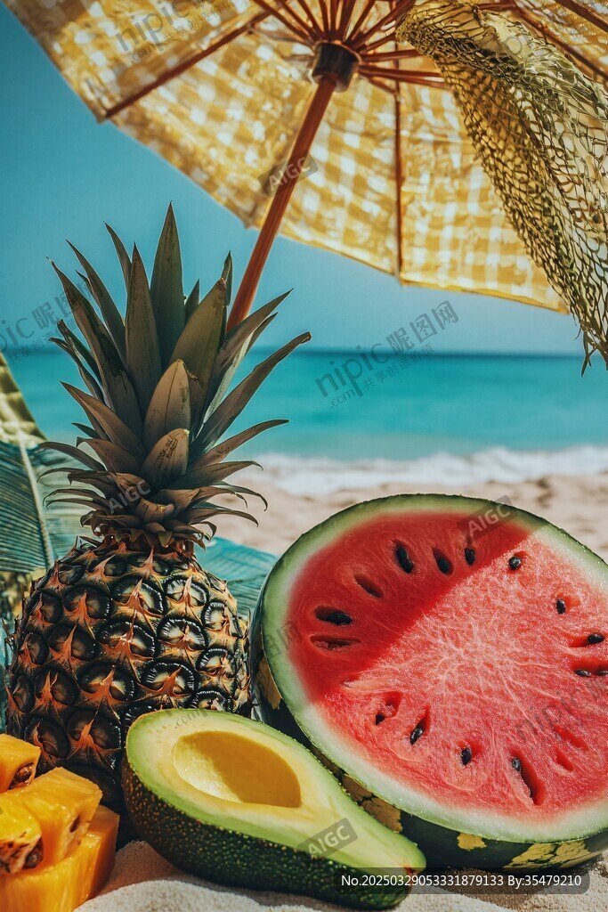 夏日海灘的繽紛水果盛宴
