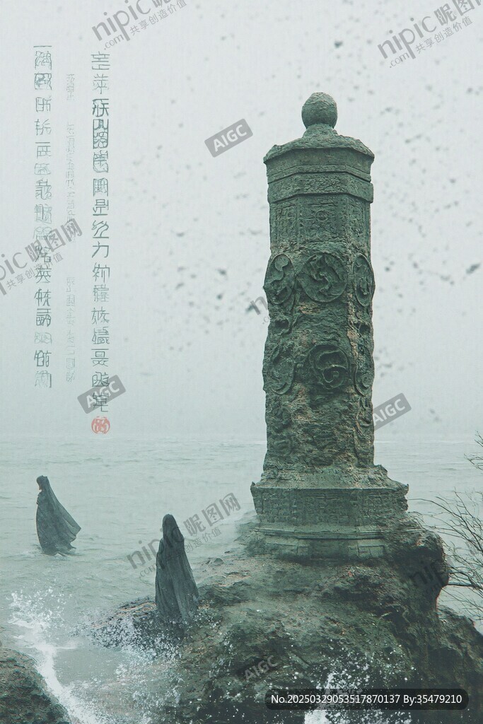 古風(fēng)海畔神秘圖騰石柱