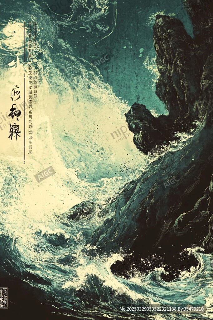 海浪拍擊嶙峋礁石景象