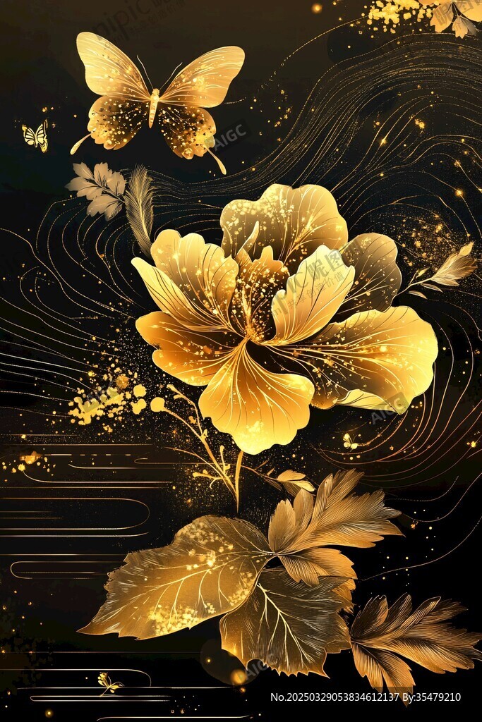 金色花卉蝴蝶夢幻插畫