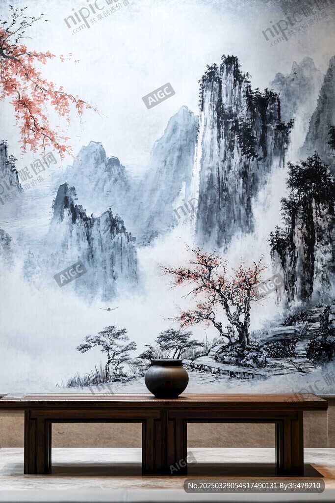 中式山水背景的雅致空間