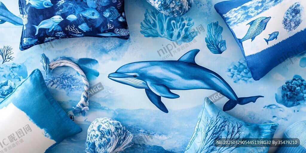 海洋主題抱枕與墻繪裝飾