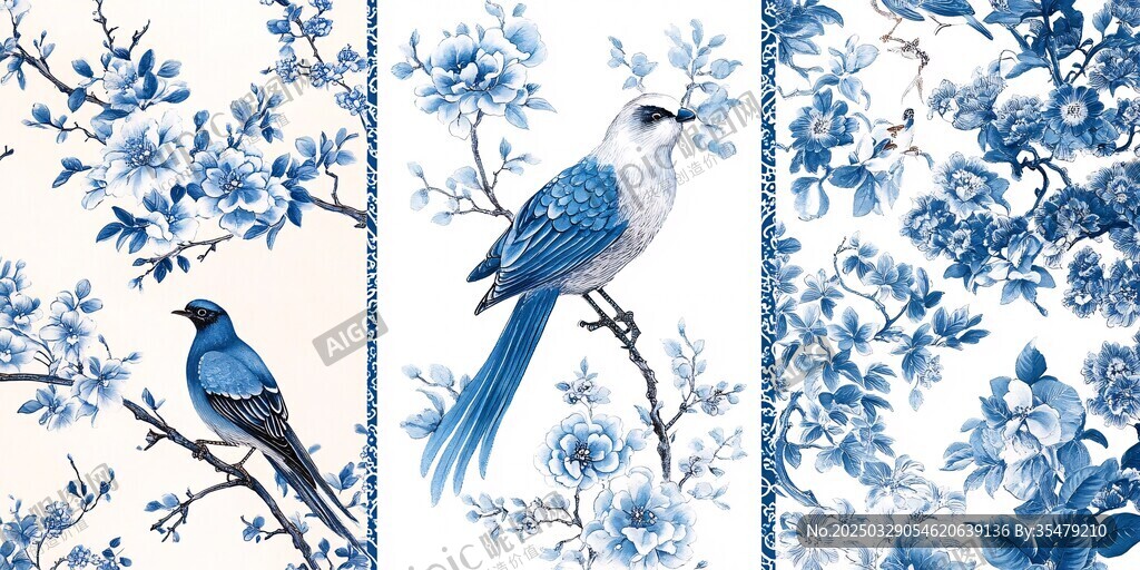藍(lán)白花鳥圖紋精美裝飾畫
