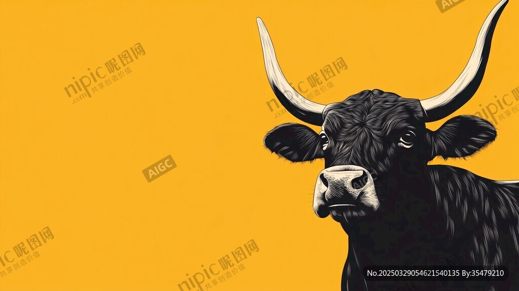 黑色公牛插畫 黃色背景