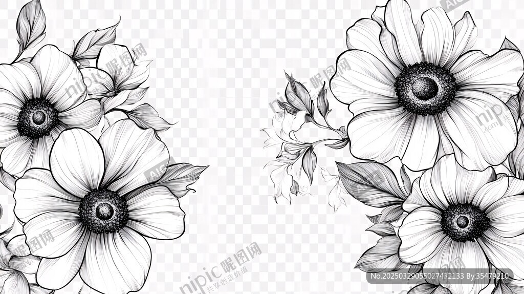 黑白花卉插畫圖案設(shè)計(jì)