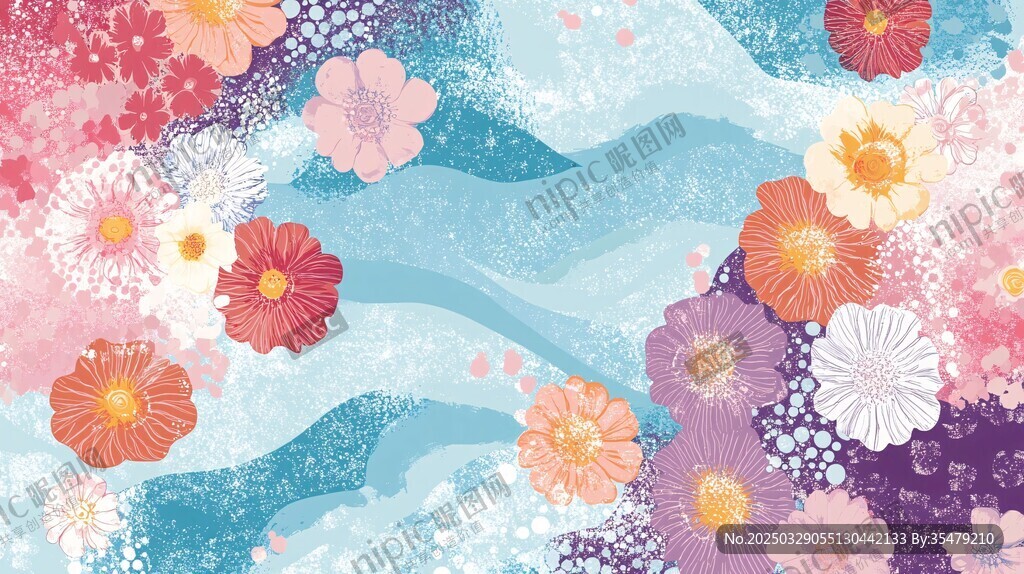 夢幻花卉與波浪背景圖案