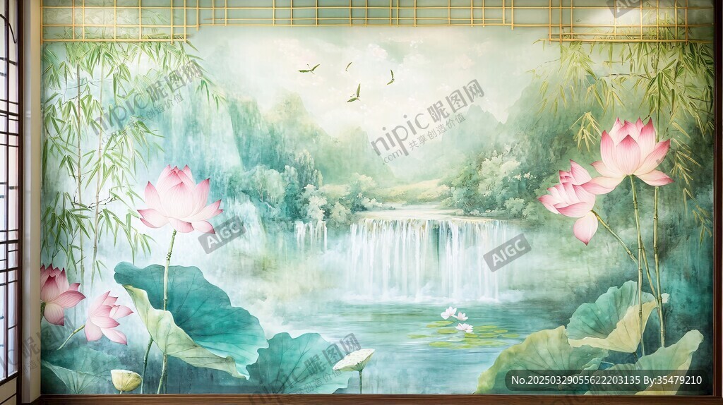 中式山水荷花詩(shī)意壁畫(huà)