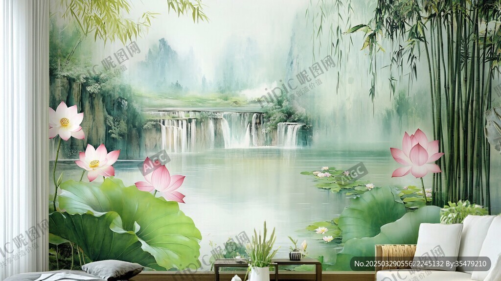 中式山水荷花客廳壁畫(huà)