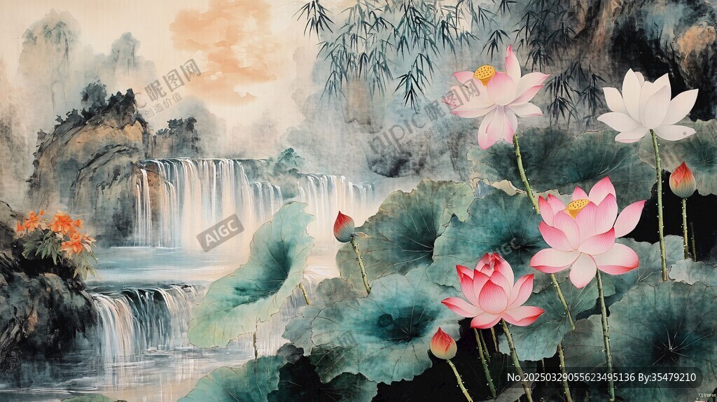 水墨山水間的荷花景致