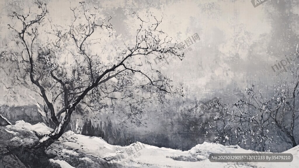 冬日枯樹雪景水墨畫
