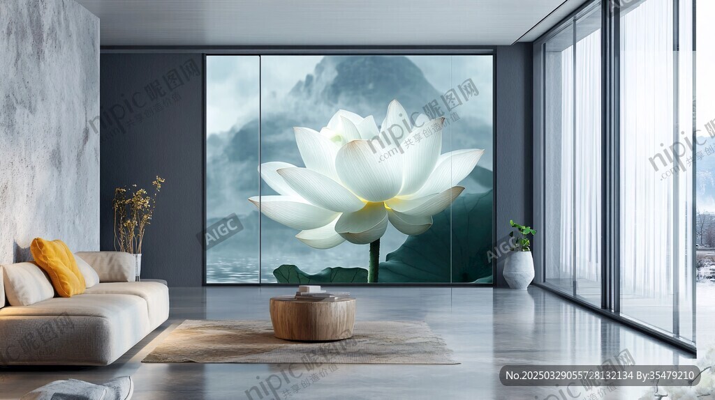 現(xiàn)代客廳中的清雅荷花壁畫